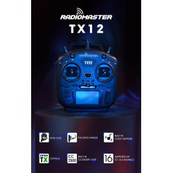 RadioMaster TX12 sender med OpenTX, 2,4GHz med 16 kanaler og multiprotokol. HUSK AT KBE BATTERIER.
