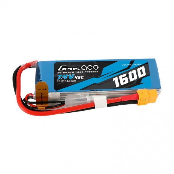 Gens Ace 1600mAh 7.4V 45C Lipo batteri med XT60 stik.