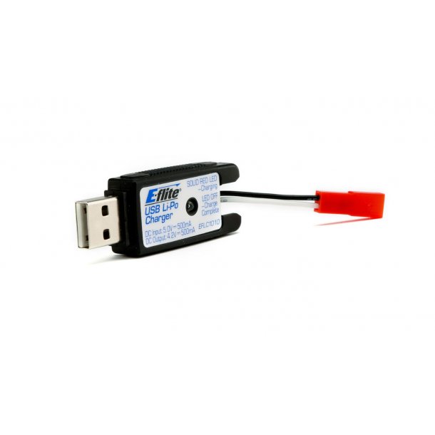 E-Flite USB lader 500mA med JST stik, 1-celles LiPo.